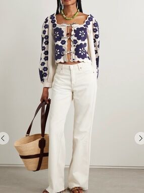 Sea New York Catrine tie front scalloped appliquéd cotton-voile blouse NWT